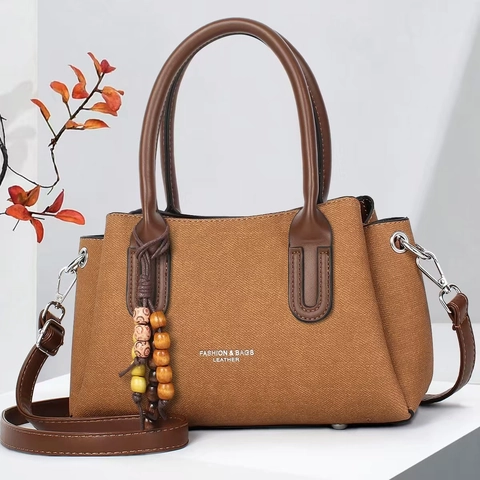 Women Handbag Crossbody Bag PU Leather Litchi Texture Multi Layer Zip Closure With Wood Bead Charm Urban Simple Style