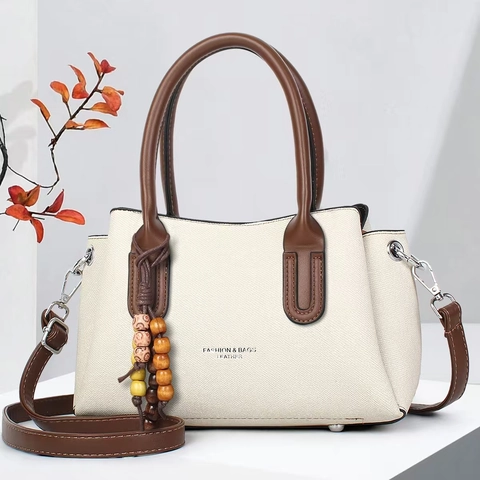 Women Handbag Crossbody Bag PU Leather Litchi Texture Multi Layer Zip Closure With Wood Bead Charm Urban Simple Style