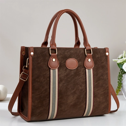 Women Tote Bag PU Leather Large Capacity Stripe Ribbon Contrast Color Handbag With Detachable Strap
