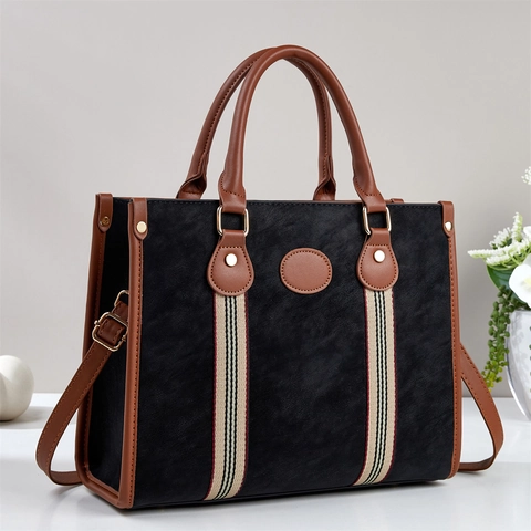 Women Large Capacity Tote Bag PU Leather Handbag Striped Ribbon Contrast Color Commuter Shoulder Crossbody Bag Retro