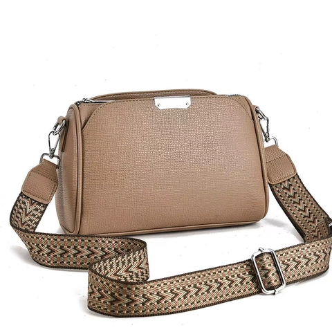 Damen PU Leder Umhängetasche Lychee Struktur Mehrere Ritsverschlussfächer Mode Breiter Jacquard Schultergurt