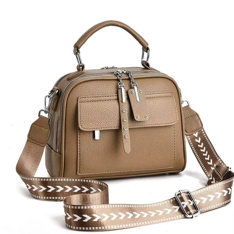 Mode Dames PU Leren Handtas Schoudertas Met Brede Band Patroon Litchi Retro Dubbele Rits Vierkant