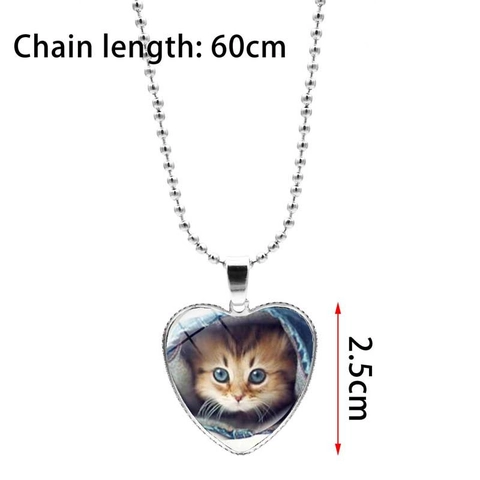 Cute Cat Pattern Heart Pendant Necklace Alloy Glass Silver Color Ball Chain Sweet Fashion Jewelry For Women