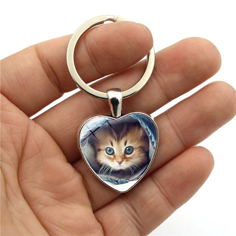 Schattige Hartvormige Kat Foto Glas Cabochon Sleutelhanger Zinklegering Metalen Sleutelring Voor Huisdierliefhebbers