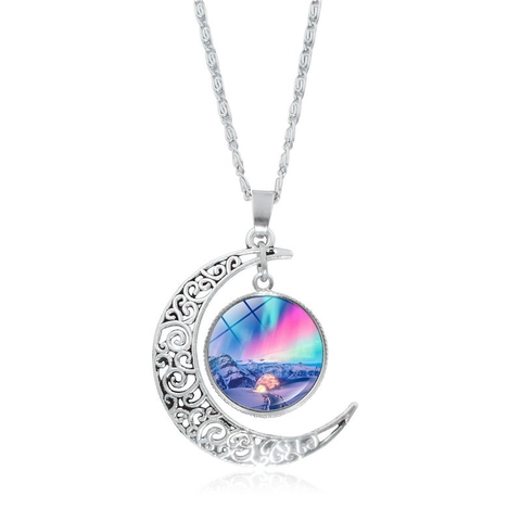 Silver Plated Hollow Crescent Moon Pendant Necklace Northern Lights Aurora Glass Gemstone Fashion Jewelry Gift For Women