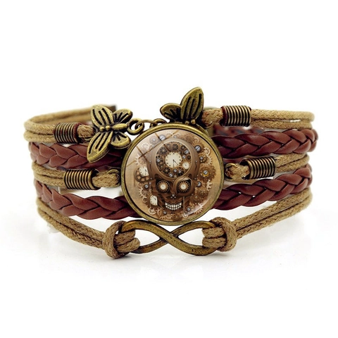 Bracciale In Pelle Intrecciata Multistrato Teschio Steampunk Orologio Retro Lega Vetro Infinito Farfalla Gioielli Unisex