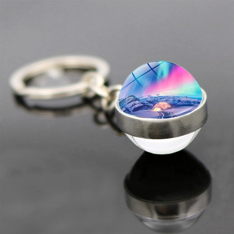 Portachiavi con Sfera di Vetro Aurora Boreale a Doppio Lato in Lega di Zinco Argentato Ciondolo per Borsa Regalo