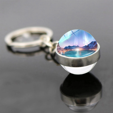 Portachiavi con Sfera di Vetro Aurora Boreale a Doppio Lato in Lega di Zinco Argentato Ciondolo per Borsa Regalo