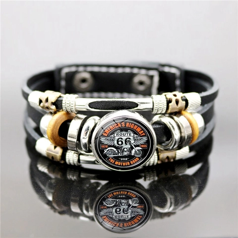 Bracelet en Cuir Multi-couches Rétro Punk Route 66 Pour Hommes Femmes Alliage Verre Bouclier Logo Moto Vintage Biker Bijoux