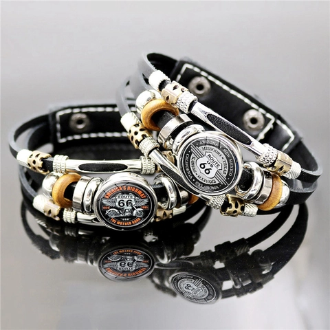 Bracelet en Cuir Multi-couches Rétro Punk Route 66 Pour Hommes Femmes Alliage Verre Bouclier Logo Moto Vintage Biker Bijoux