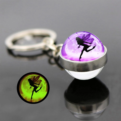 Porte-Clés Boule De Verre Lumineux Double Face Alliage Fée Elfe Silhouette Brille Dans Le Noir Accessoire Sac