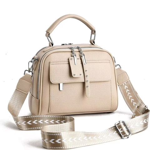 Mode Dames PU Leren Handtas Schoudertas Met Brede Band Patroon Litchi Retro Dubbele Rits Vierkant