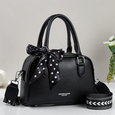 Fashion PU Leather Handbag For Women Lychee Pattern Boston Bag With Wide Strap And Satin Scarf Decor