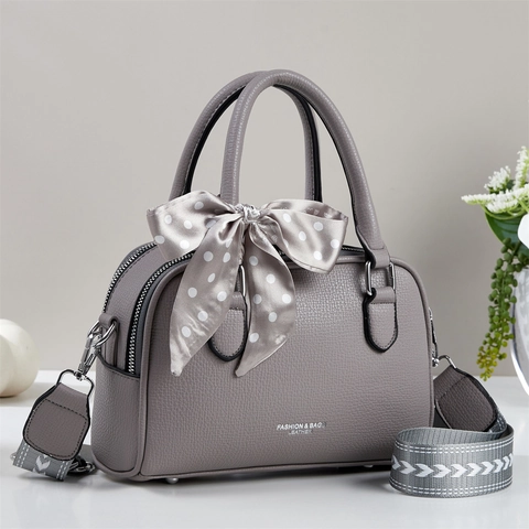 Fashion PU Leather Handbag For Women Lychee Pattern Boston Bag With Wide Strap And Satin Scarf Decor