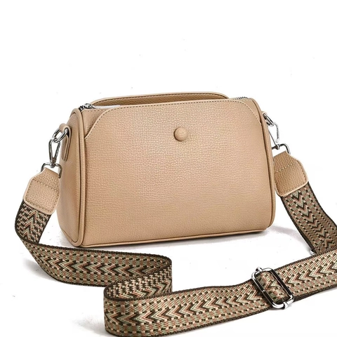 Women Crossbody Bag PU Leather Lychee Pattern Wide Geometric Woven Strap Multi Compartment Retro Casual Shoulder Bag