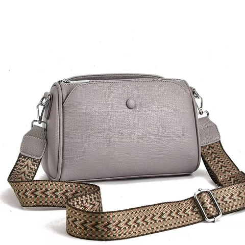 Women Crossbody Bag PU Leather Lychee Pattern Wide Geometric Woven Strap Multi Compartment Retro Casual Shoulder Bag
