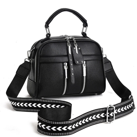 Women Fashion PU Leather Handbag Large Capacity Crossbody Bag With Wide Geometric Strap Lychee Texture Shoulder Bag