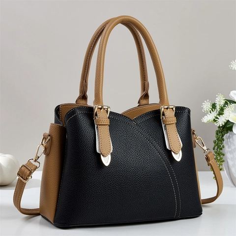 Sac à Main Tendance pour Femmes en Cuir PU Motif Litchi Grande Capacité Color Block Sac à Épaule Bandoulière pour Quotidien