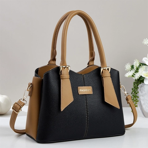 Bolso de Mano de Mujer de Cuero PU de Color de Contraste Bolso Tote Grande Con Correa de Hombro Ajustable Bolso Bandolera