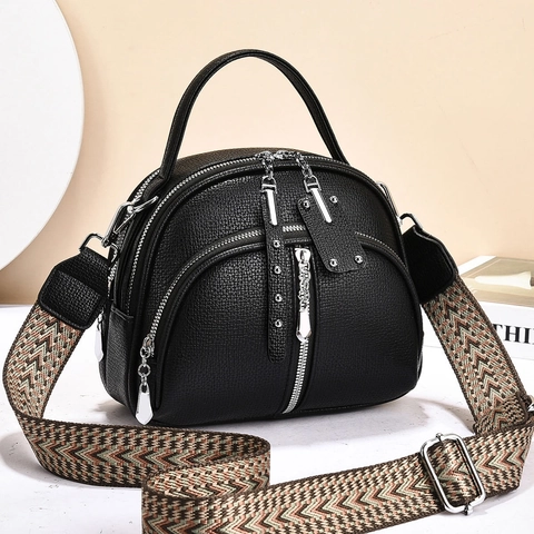 Women's PU Leather Crossbody Bag With Bohemian Wide Woven Strap Multi-Zipper Multi-Layer Shoulder Bag Lychee Pattern Handbag