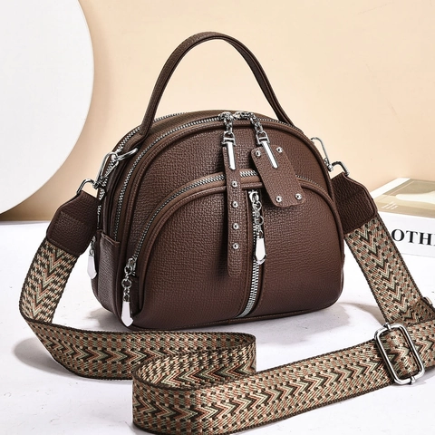 Women's PU Leather Crossbody Bag With Bohemian Wide Woven Strap Multi-Zipper Multi-Layer Shoulder Bag Lychee Pattern Handbag
