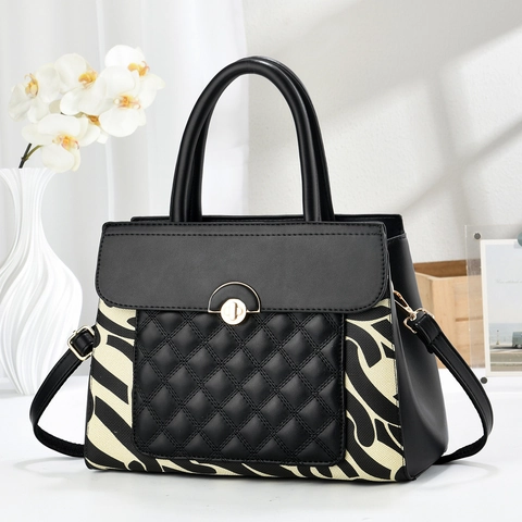 Sac À Main Femme Cuir PU Toile Patchwork Matelassé Losange Imprimé Animal Sac Bandoulière Doré
