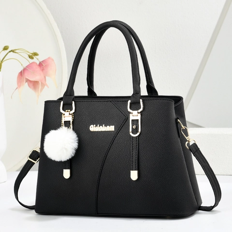 Borsa a Mano Pendolare da Donna in Pelle PU con Trama Litchi Ferramenta Dorata Tote con Pendente a Pompon Borsa Moda