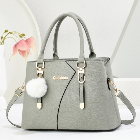Borsa a Mano Pendolare da Donna in Pelle PU con Trama Litchi Ferramenta Dorata Tote con Pendente a Pompon Borsa Moda
