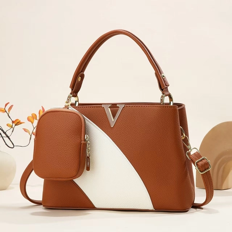 Dames Handtas PU Leer Color Block Lychee Korrel Schoudertas En Mini Tasje V Metalen Hardware Elegant