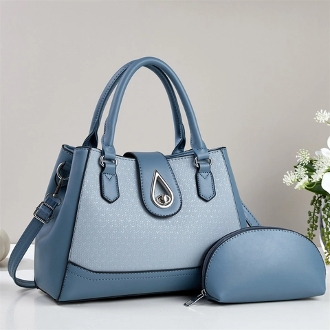 Women Fashion PU Leather Handbag And Coin Purse Set Woven Texture Shoulder Bag With Silver Turn-lock Elegant Commute Tote