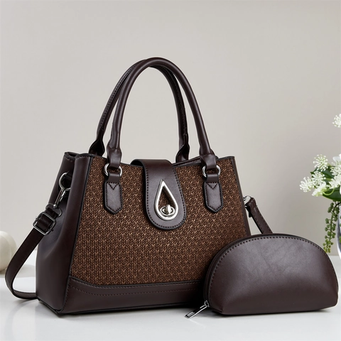 Women Fashion PU Leather Handbag And Coin Purse Set Woven Texture Shoulder Bag With Silver Turn-lock Elegant Commute Tote