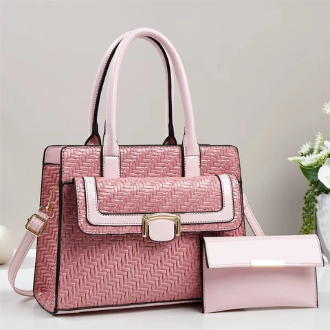 Damen Handtaschen-Set 2-teilig Geprägte Webstruktur PU-Leder Tragetasche Passende Geldbörse Mode Umhängetasche Für Damen