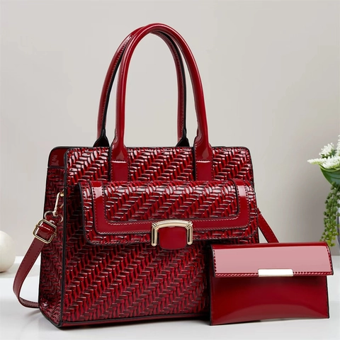 Γυναικεία Τσάντα Χειρός Tote Και Πορτοφόλι Clutch Από Λουστρίνι PU Δέρμα Με Πλεκτή Ύφανση Μεγάλη Χωρητικότητα Κομψή Μινιμαλιστική Υφή