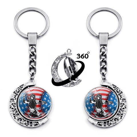 Metall Drehbar Baseball Schlüsselanhänger US Flagge Muster Hohler Mond Zinklegierung Glas Anhänger Schlüsselring Sportfans Geschenk