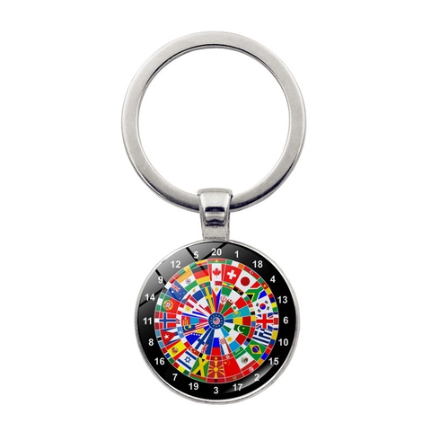 Vintage World Flag Dartboard Keychain Zinc Alloy Glass Time Gem Key Ring Retro International Flag Pendant Souvenir Jewelry