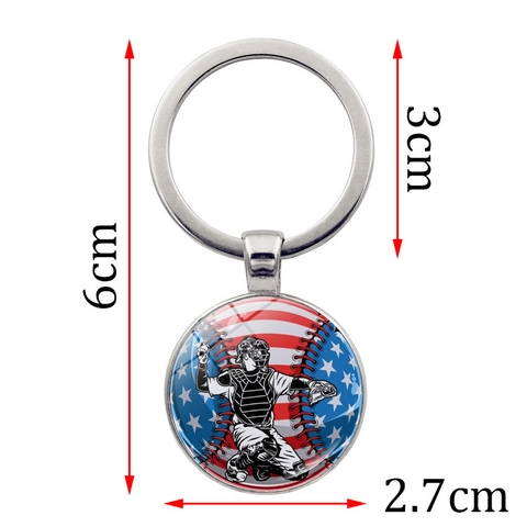Baseball Sport Theme US Flag Metal Keychain Zinc Alloy Glass Cabochon Pendant Key Ring Jewelry For Fans Souvenir Gift
