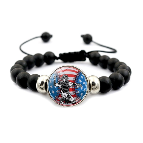 Baseball Thema Schwarzes Perlenarmband Verstellbarer Kordelzug US Flagge Zeit Edelstein Glas Cabochon Sport Schmuck Geschenk