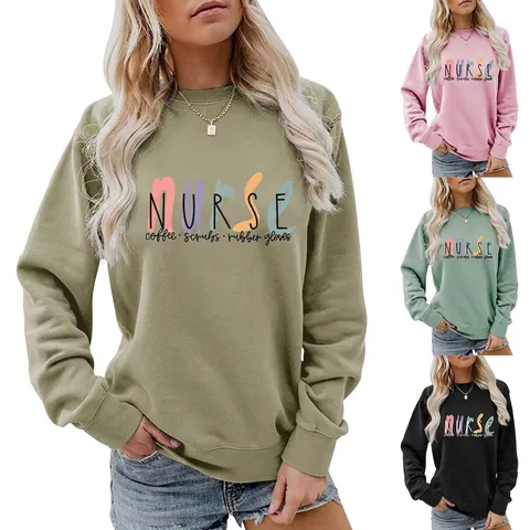 Damen Nurse Coffee Scrubs Print Sweatshirt Baumwolle Polyester Mischung Locker Rundhals Langarm Pullover Freizeit Top