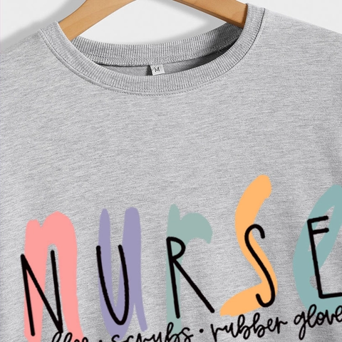 Damen Nurse Coffee Scrubs Print Sweatshirt Baumwolle Polyester Mischung Locker Rundhals Langarm Pullover Freizeit Top