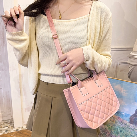 Bolso De Mano De Cuero PU Acolchado Para Mujer Color Sólido Patrón De Rombos Bolso Tote Con Asas Y Correa Ajustable Urbano