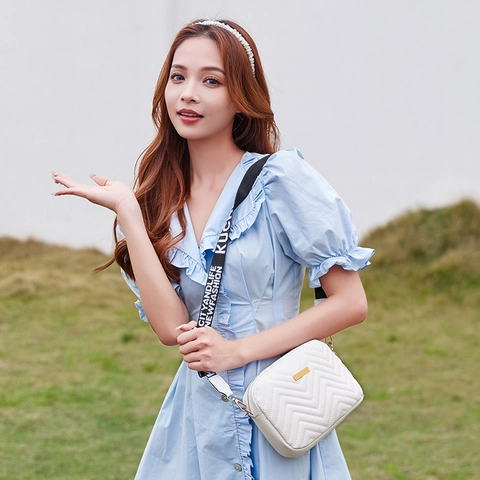 Women PU Leather Crossbody Bag Chevron Quilted Small Square Shoulder Purse With Wide Letter Print Strap Golden Hardware