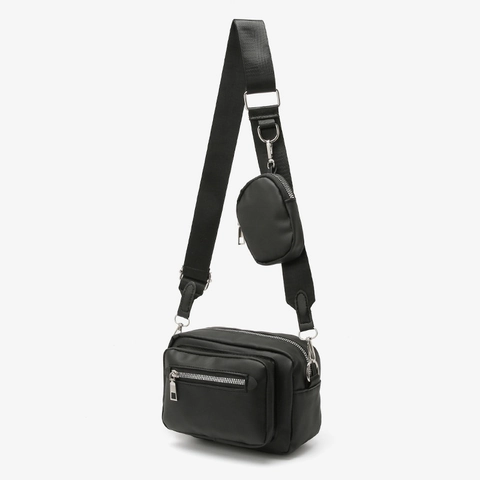 Women Minimalist PU Leather Crossbody Square Bag Two Piece Set With Small Round Pouch Wide Strap Fashion Shoulder Bag Purse