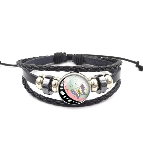 Multi Layer Braided Bracelet Faux Leather Glass Butterfly Pattern Hand Woven Retro Casual Fashion Jewelry Wristband