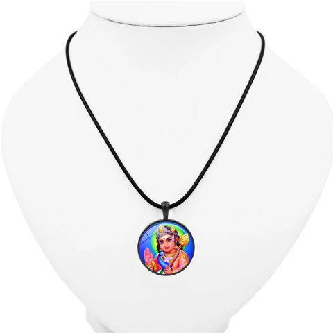 Collana con Ciondolo a Cabochon in Vetro Rotondo con Motivo di Dio e Dea Indù e Corda Intrecciata Nera Gioielli Etnici