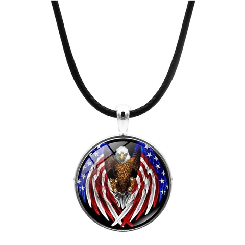 Patriotic Eagle American Flag Pendant Necklace Zinc Alloy Glass Cabochon Leather Rope Retro Fashion Unisex Accessory