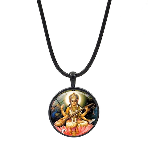 Collana con Ciondolo a Cabochon in Vetro Rotondo con Motivo di Dio e Dea Indù e Corda Intrecciata Nera Gioielli Etnici
