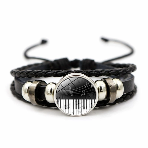 Mehrlagiges Geflochtenes Lederarmband Musik Thema Klaviertasten Glascabochon Musiknote Legierung Schmuck Für Unisex