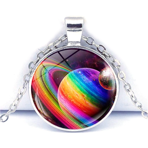 Fantasy Galaxy Nebula Universe Planet Glass Cabochon Pendant Necklace Silver Zinc Alloy Chain Jewelry For Women Men Gift