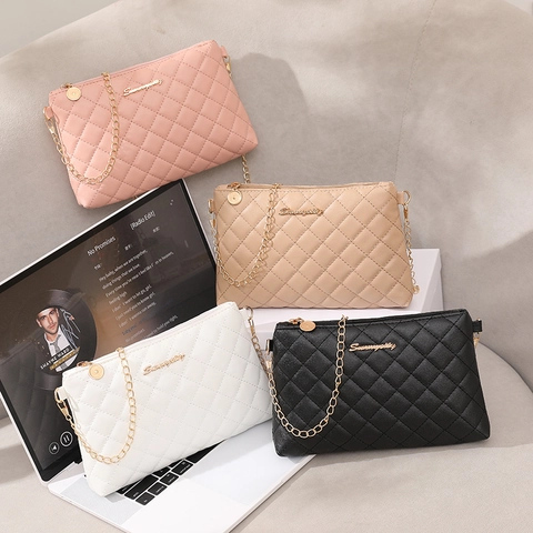 Women Mini Crossbody Bag Rhombic Quilted PU Leather Gold Chain Strap Small Square Shoulder Mobile Phone Purse Casual Fashion