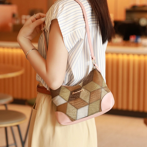 Modieuze Dames Geometrische Kleurblok PU Leren Schoudertas Vintage Okseltas Met Rits Goud Metalen Logo Hobo Handtas